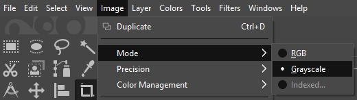Setting the image mode to grayscale in GIMP.